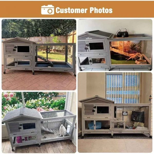 Bunny Cage Indoor and Outdoor Rabbit Hutch with Casters Waterproof Roof, Pull Out Tray from Back and Front - Image 7