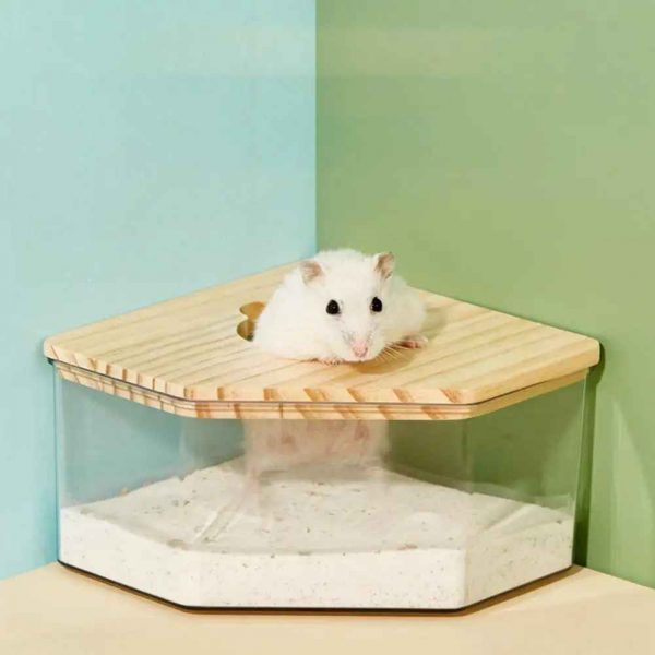 Hamster Sand Bath, Pentagon Hamster Sand Bath Container with Climbing Ladder, Large Acrylic Hamster Dig Box with Wood Cover, Sand Bath for Hamsters Small Animals - Image 6