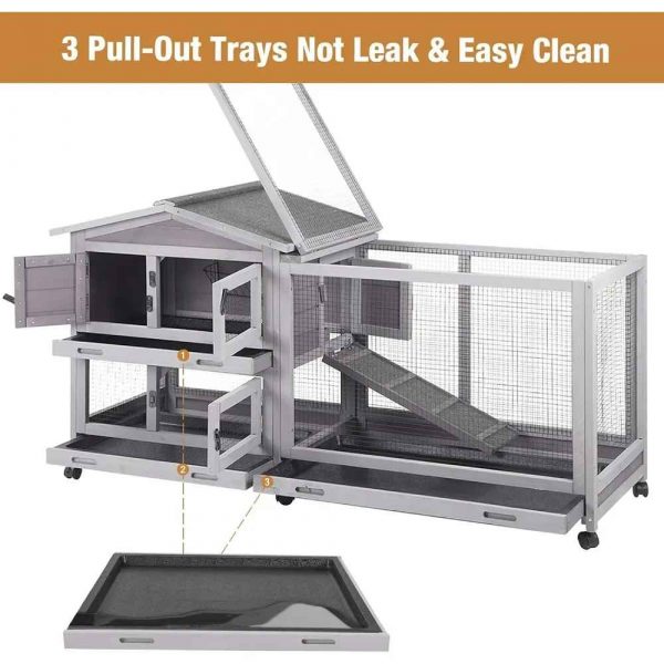Bunny Cage Indoor and Outdoor Rabbit Hutch with Casters Waterproof Roof, Pull Out Tray from Back and Front - Image 6