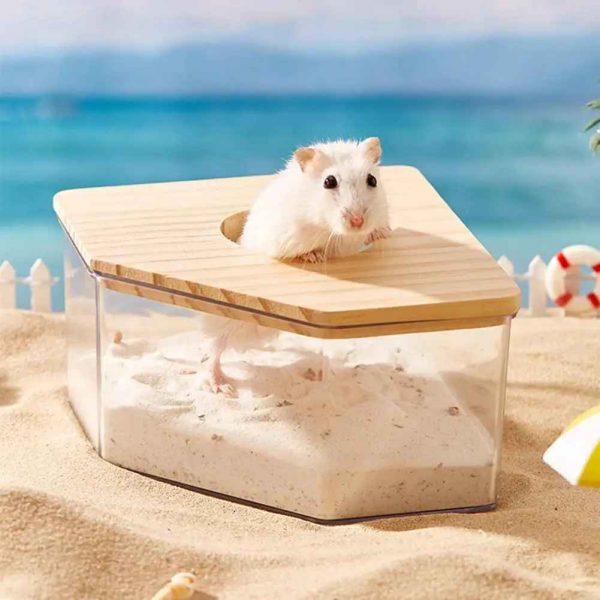 Hamster Sand Bath, Pentagon Hamster Sand Bath Container with Climbing Ladder, Large Acrylic Hamster Dig Box with Wood Cover, Sand Bath for Hamsters Small Animals - Image 5