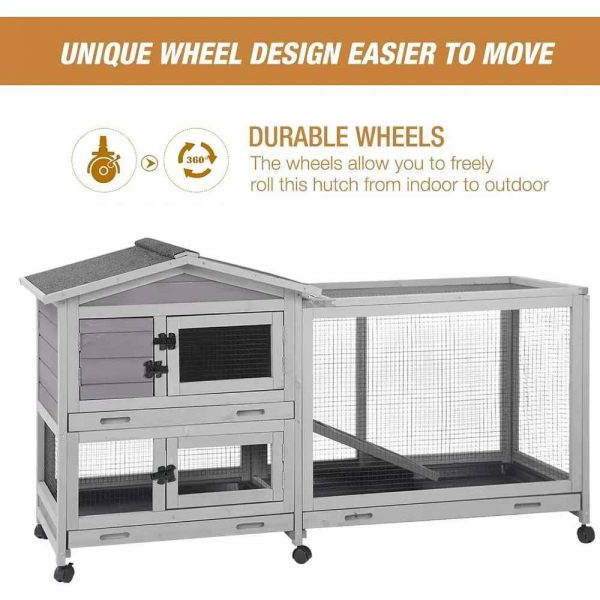 Bunny Cage Indoor and Outdoor Rabbit Hutch with Casters Waterproof Roof, Pull Out Tray from Back and Front - Image 4