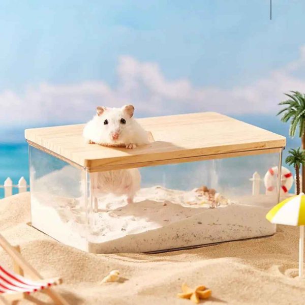 Hamster Sand Bath, Pentagon Hamster Sand Bath Container with Climbing Ladder, Large Acrylic Hamster Dig Box with Wood Cover, Sand Bath for Hamsters Small Animals - Image 3