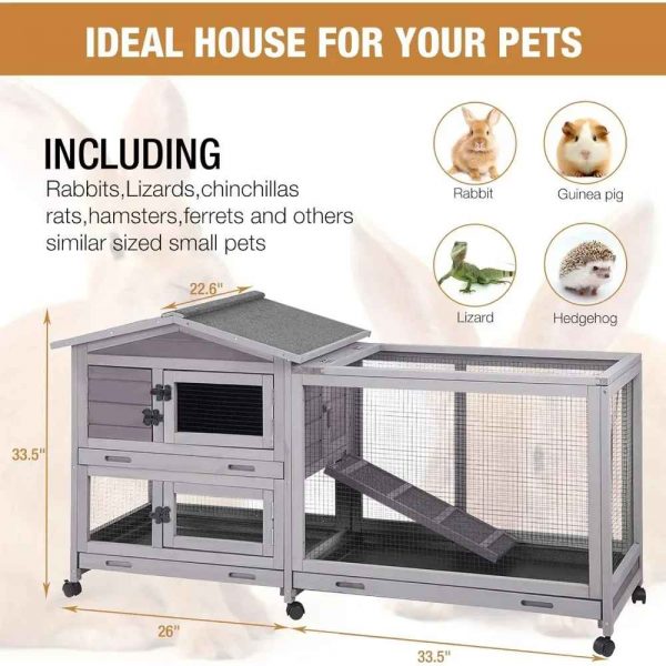 Bunny Cage Indoor and Outdoor Rabbit Hutch with Casters Waterproof Roof, Pull Out Tray from Back and Front - Image 3