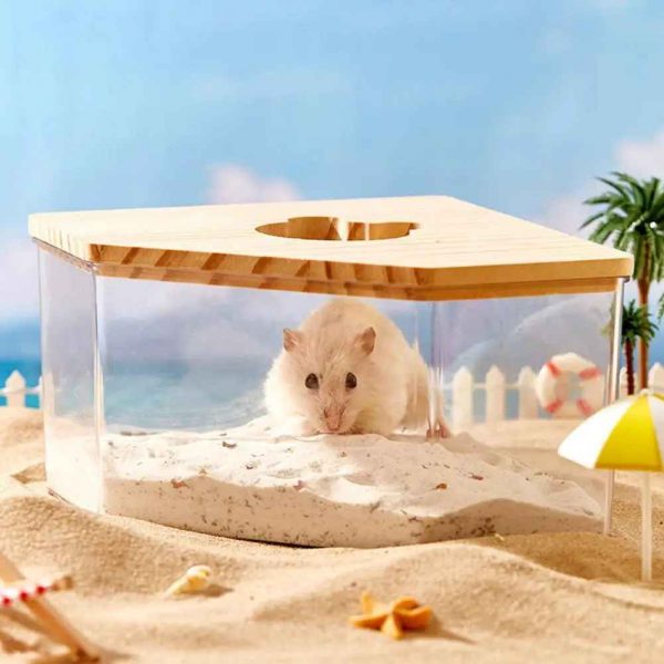 Hamster Sand Bath, Pentagon Hamster Sand Bath Container with Climbing Ladder, Large Acrylic Hamster Dig Box with Wood Cover, Sand Bath for Hamsters Small Animals